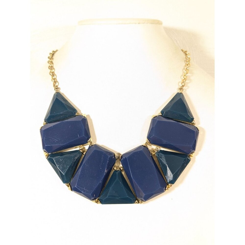 Blue Cabochon Statement Necklace‎ Geometric Bold Gold Tone 18"